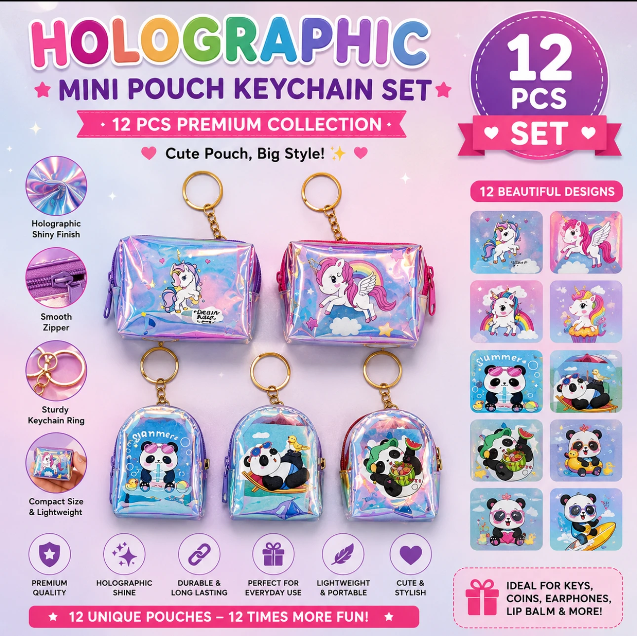 Holographic Mini Pouch Keychain – 12 Pcs Set