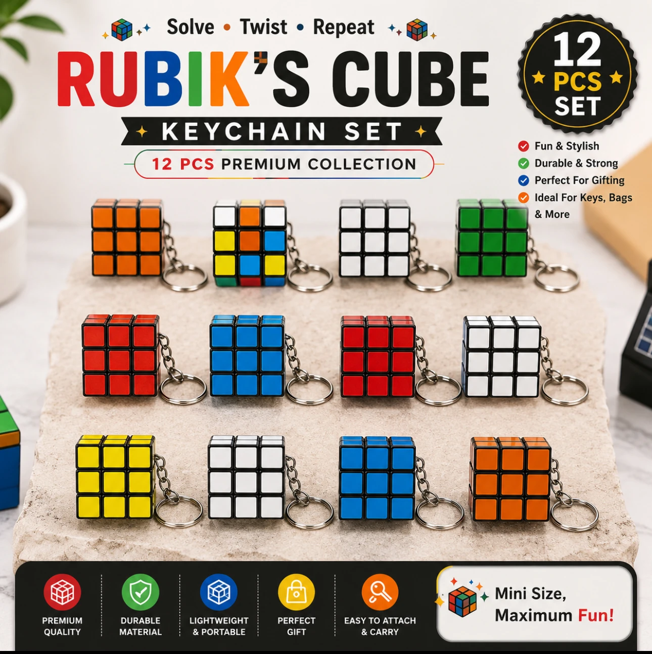 Mini Rubik’s Cube Keychain – 12 PCS Set