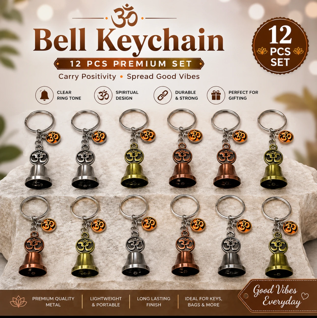 Premium Om Bell metal Keychain – 12 Pcs Set