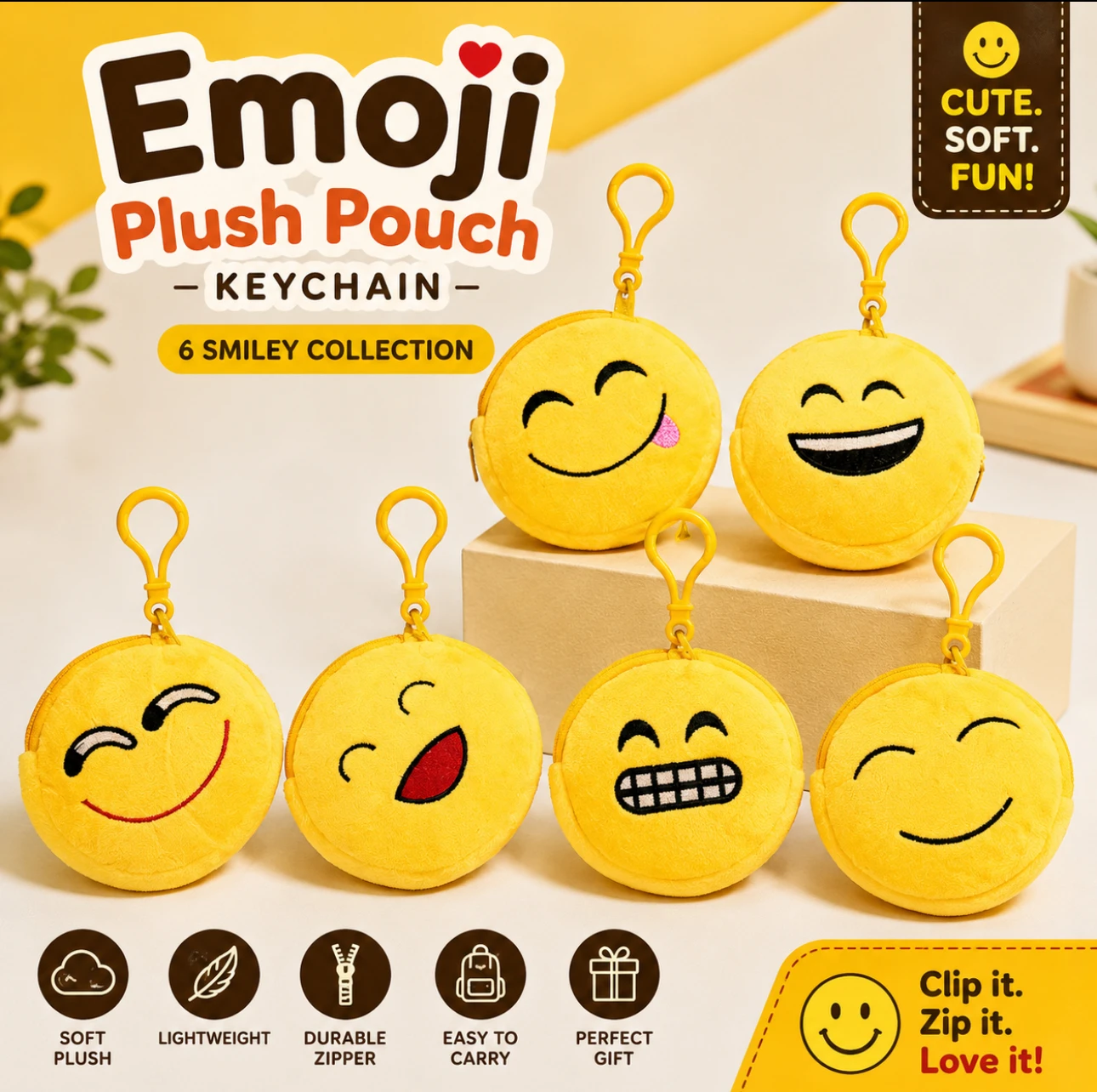 Emoji Plush Pouch Keychain – 12 Pcs Set